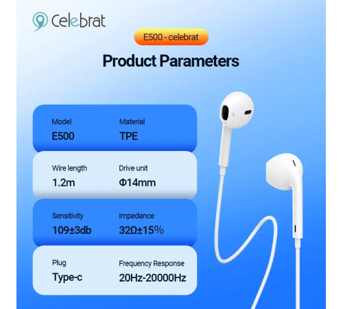 Навушники Celebrat E500 Ear Type-C 1.2m