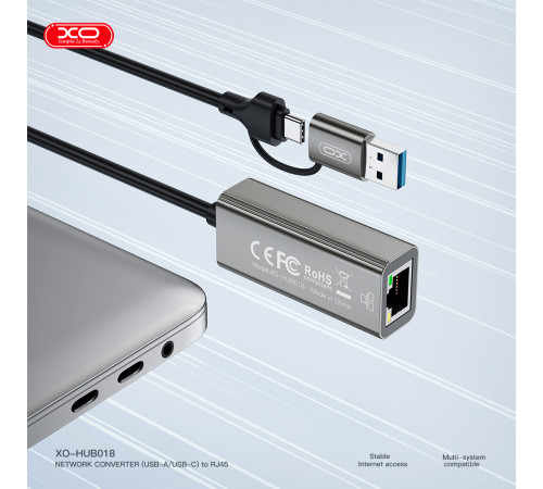 USB HUB XO HUB018 2in1 USB+Type-C to RJ45