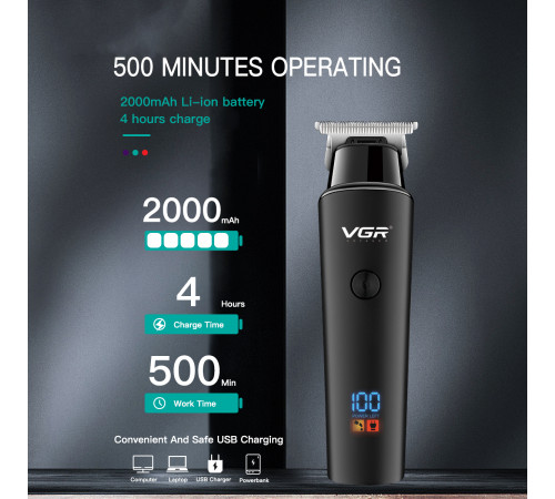 Машинка для стрижки VGR V-937 Professional STRONG BATTERY (LED Display, з 3 насадками, Тример)