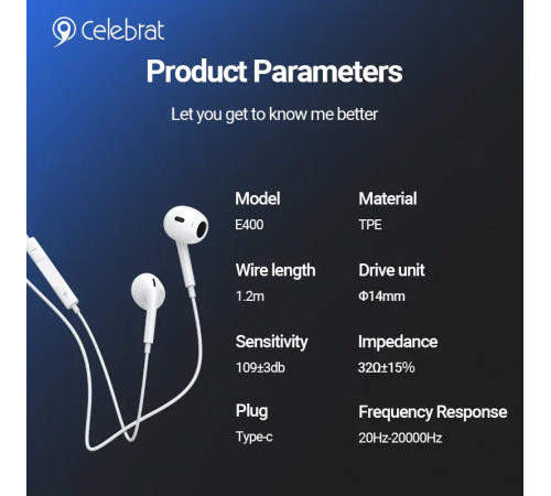 Навушники Celebrat E400 Ear Type-C 1.2m