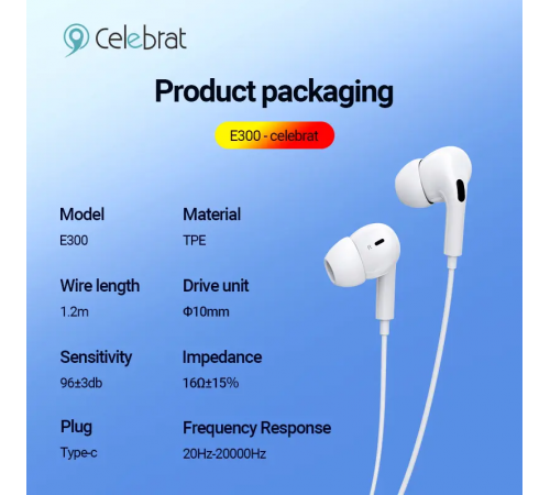 Навушники Celebrat E300 Ear Type-C 1.2m