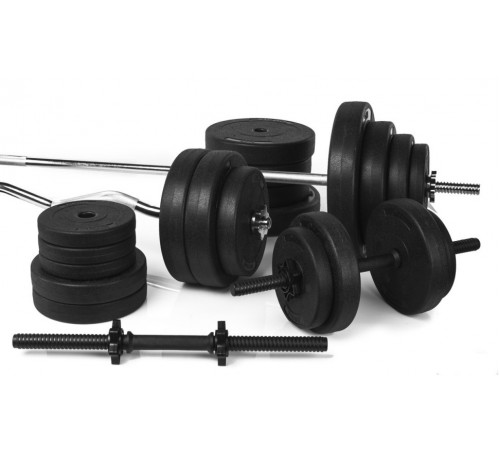 Профессиональная скамья со стойками RN-Sport black rock + 4 грифа, 115 кг блинов