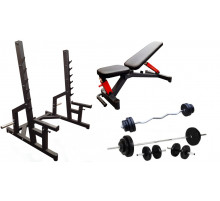 Профессиональная скамья со стойками RN-Sport black rock + 4 грифа, 80 кг блинов