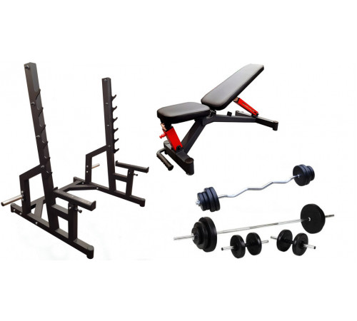 Профессиональная скамья со стойками RN-Sport black rock + 4 грифа, 80 кг блинов