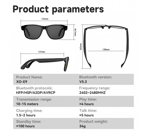 Смарт-окуляри XO E9 Weiqi Audio Bluetooth+UV Protective (3.7V, 80mAh*2)