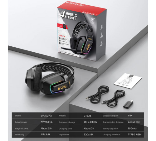 Навушники комп'ютерні Onikuma GT828 Gaming з мікрофоном та з 3ма режимами (Bluetooth 5.3, дротове, 2.4G)