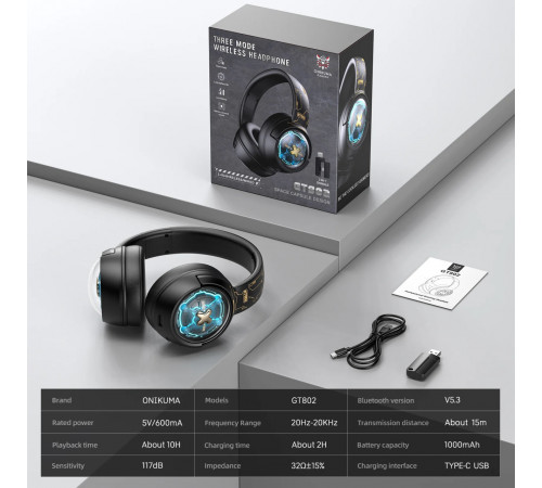 Навушники Onikuma GT802 Gaming з 3ма режимами (Bluetooth 5.4, дротове, 2.4G)
