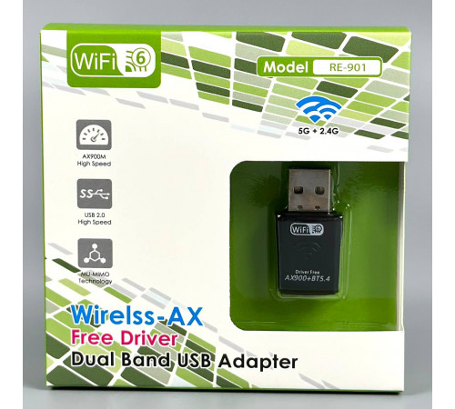 USB WiFi 6 Адаптер RE-901 із підтримкою двох діапазонів 2.4G-5G, швидкість до 600Mbps USB2.0