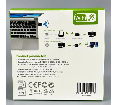 USB WiFi 6 Адаптер RE-901 із підтримкою двох діапазонів 2.4G-5G, швидкість до 600Mbps USB2.0