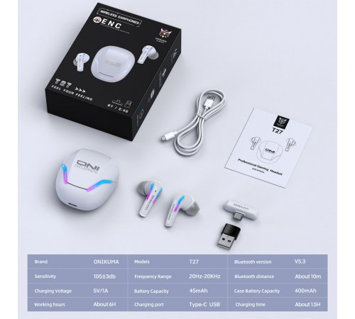 Бездротові навушники Onikuma T27 ENC (2 режим підключення: BT5.3+2.4G)