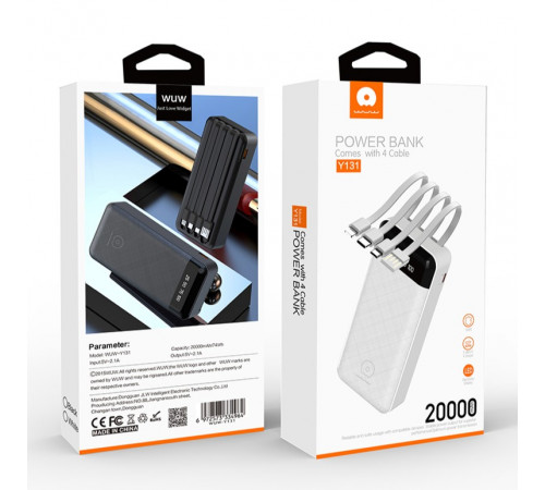 УМБ Power Bank WUW Y131 20000mAh 2.1A (with cable Lightning+Micro+Type-C+USB)