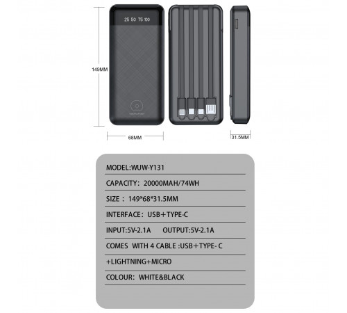 УМБ Power Bank WUW Y131 20000mAh 2.1A (with cable Lightning+Micro+Type-C+USB)