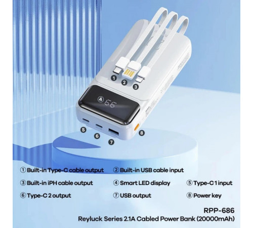 УМБ Power Bank Remax RPP-686 Reyluck Series 20000mAh 2.1A (with cable Type-C+Lightning+USB)