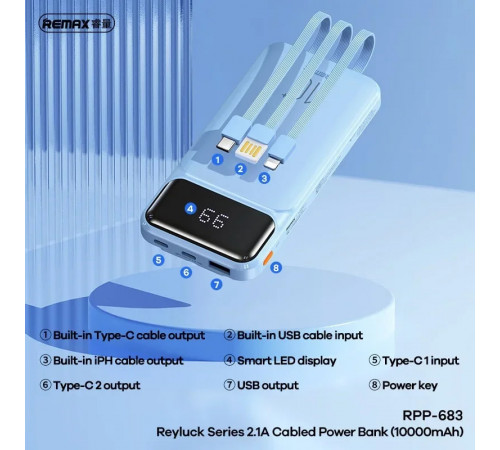 УМБ Power Bank Remax RPP-683 Reyluck Series 10000mAh 2.1A (with cable Type-C+Lightning+USB)