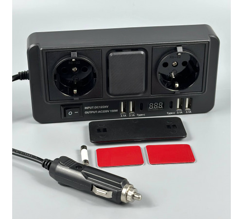 Автомобільний інвертор in-car 1668 150W (AC 2*220V, 4*USB, 2*Type-C, DC12V-24V)