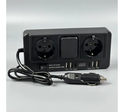 Автомобільний інвертор in-car 1668 150W (AC 2*220V, 4*USB, 2*Type-C, DC12V-24V)