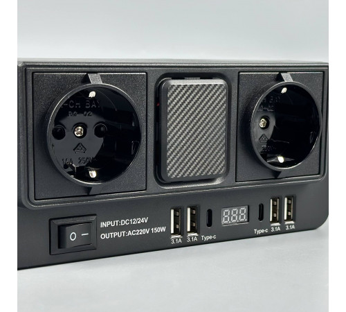 Автомобільний інвертор in-car 1668 150W (AC 2*220V, 4*USB, 2*Type-C, DC12V-24V)