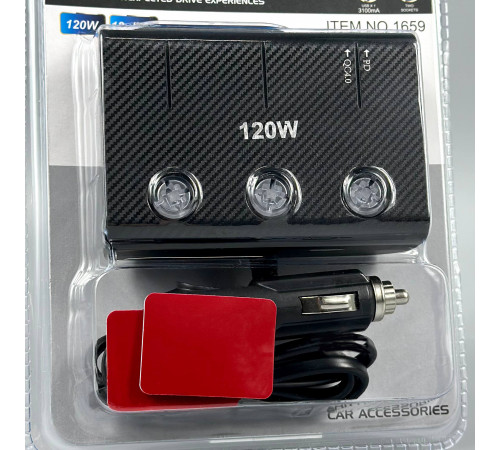 Розгалужувач прикурювача in-car 1659 120W (2 прикурювачі +QC4.0+PD3.0, DC12-24V)