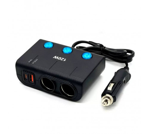 Розгалужувач прикурювача in-car 1659 120W (2 прикурювачі +QC4.0+PD3.0, DC12-24V)