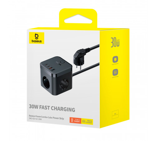 Мережевий зарядний пристрій Baseus PowerCombo Cube Power Strip 3AC+2U+2C 30W 1.5m EU Cluster Black (E00066400117-00)