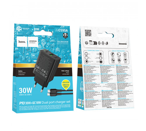 Мережевий зарядний пристрій Hoco CS95A Leader GaN PD30W+QC3.0 Type-C to Type-C