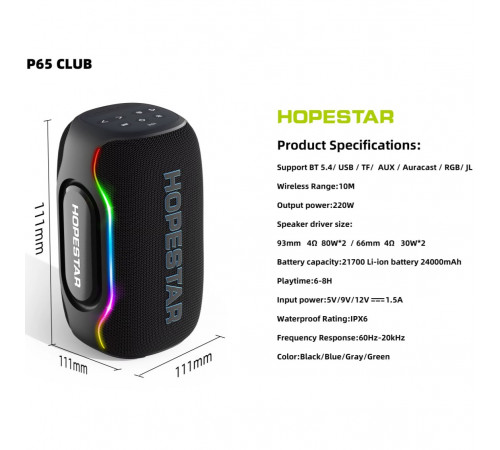 Колонка HOPESTAR P65 Club 220W, 24000mAh (11,1*11,1*11,1 см)
