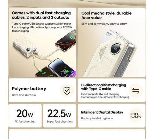 УМБ Power Bank Remax FCP-12 10000mAh PD20W+22.5W (with cable Type-C+Lightning)