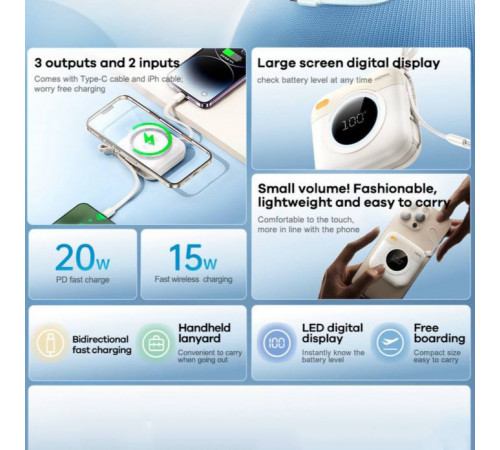 УМБ Power Bank Remax RPP-152 10000mAh PD20W з бездротовою зарядкою (with cable Type-C+Lightning)