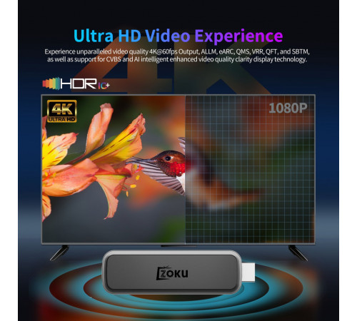 Android TV Stick Zoku H2 Pro Plus 8K WiFi 6G+BT5.4, Android 14.0 (4Gb+64Gb)