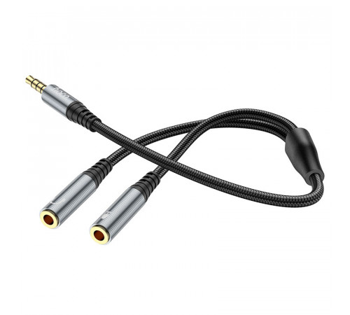 Аудіокабель HOCO UPA21 3.5mm male to 2*3.5mm female, nylon braid, 0.25m, Metal Gray (6931474766809)