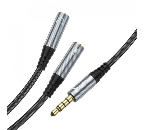 Аудіокабель HOCO UPA21 3.5mm male to 2*3.5mm female, nylon braid, 0.25m, Metal Gray (6931474766809)