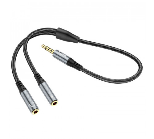 Аудіокабель HOCO UPA21 3.5mm male to 2*3.5mm female, nylon braid, 0.25m, Metal Gray (6931474766809)