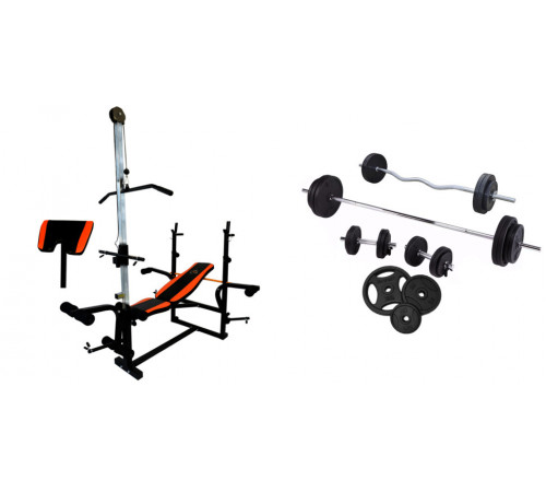 Скамья для жима с тягой + 4 грифа + Металлические диски RN-Sport 65кг