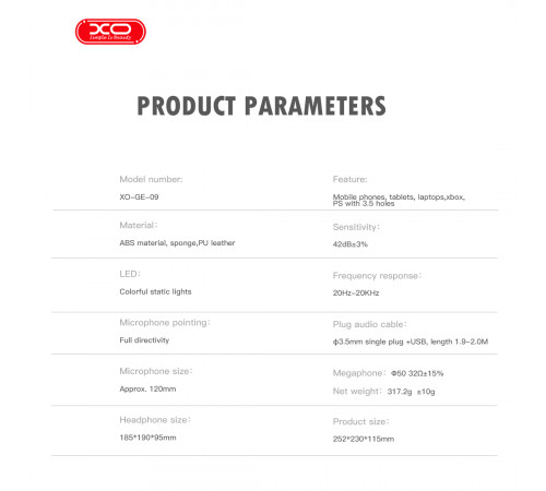 Навушники XO GE-09 Static RGB Long Game з мікрофоном (with adapter cable)