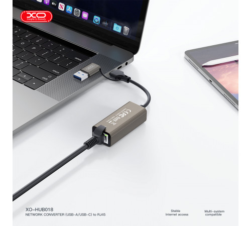 USB HUB XO HUB018 2in1 USB+Type-C to RJ45