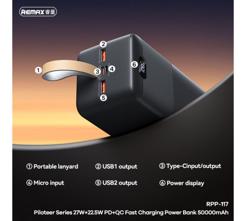 УМБ Power Bank Remax RPP-117 Piloteer Series 50000mAh PD27W+QC22.5W