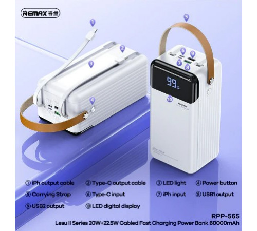 УМБ Power Bank Remax RPP-565 Lesu II Series 60000mAh PD20W+QC22.5W (with cable Type-C+Lightning)