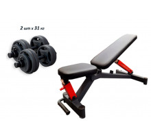 Проф. скамья для жима RN-Sport Black Rock + Гантели олимпийские RN-Sport по 31 кг металлические