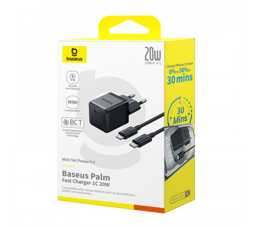 Мережевий зарядний пристрій з кабелем Baseus Palm Fast Charger 1C 20W EU Cluster Black (with Baseus  Cable USB-C to USB-C 60W ) 1m Cluster Blac (P10111602113-01)