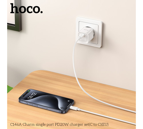 Мережевий зарядний пристрій з кабелем HOCO C146A Charm single port PD20W charger set (C to C) (EU) White (6942007630269)
