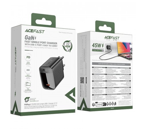 Мережевий зарядний пристрій ACEFAST A112 PD45W GaN single USB-C charger (EU) Black (6974316284055)