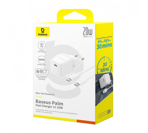 Мережевий зарядний пристрій з кабелем Baseus Palm Fast Charger 1C 20W EU Moon White (with Baseus Cable USB-C to USB-C 1m Moon White) (P10111602213-01)