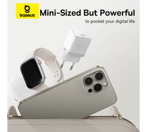 Мережевий зарядний пристрій з кабелем Baseus Palm Fast Charger 1C 20W EU Moon White (with Baseus Cable USB-C to USB-C 1m Moon White) (P10111602213-01)