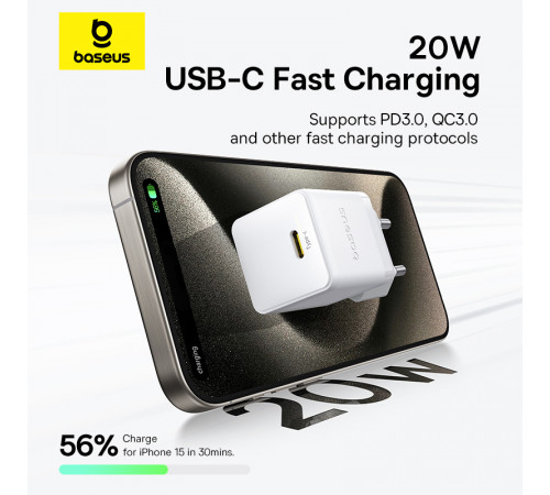 Мережевий зарядний пристрій з кабелем Baseus Palm Fast Charger 1C 20W EU Moon White (with Baseus Cable USB-C to USB-C 1m Moon White) (P10111602213-01)