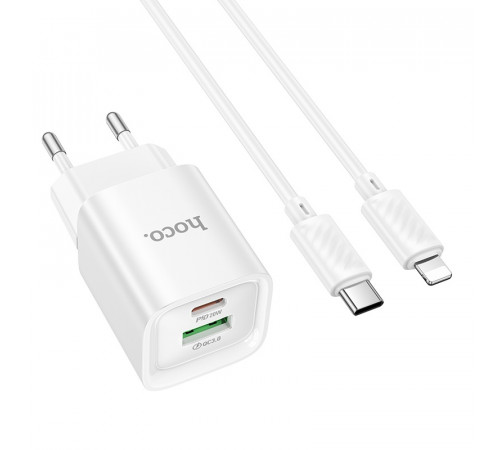 Мережевий зарядний пристрій з кабелем HOCO C147A Charm PD20W+QC3.0 charger set (C to iP)(EU) White (6942007630283)