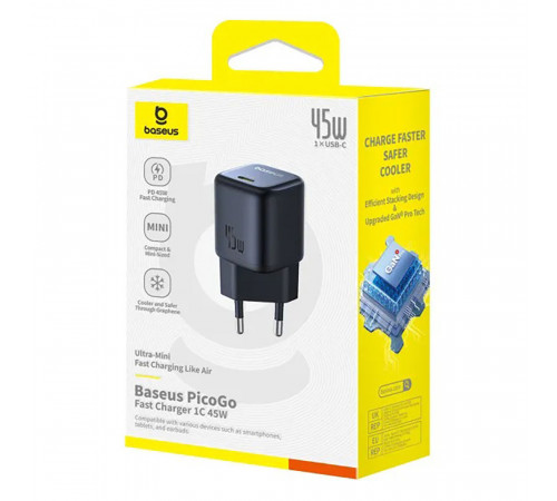 Мережевий зарядний пристрій Baseus PicoGo GaN Fast Charger 1C 45W EU Cosmic Black (P10176800123-00)