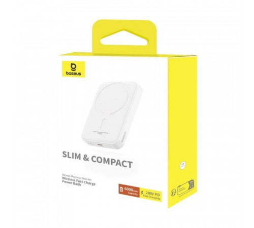 Зовнішній акумулятор Baseus Magnetic Mini Air Wireless Fast Charge Power Bank 6000mAh 20W Stellar White（With Simple Series Charging Cable Type-C to (P10059002223-00)