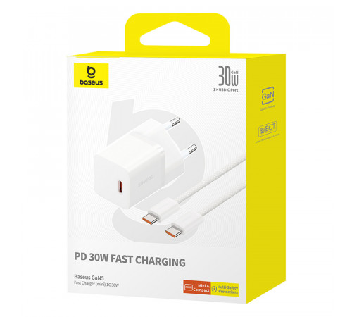Мережевий зарядний пристрій з кабелем Baseus GaN5 Fast Charger(mini) 1C 30W EU Moon White(With: Fast Charging Data Cable Type-C) (P10110902213-00)