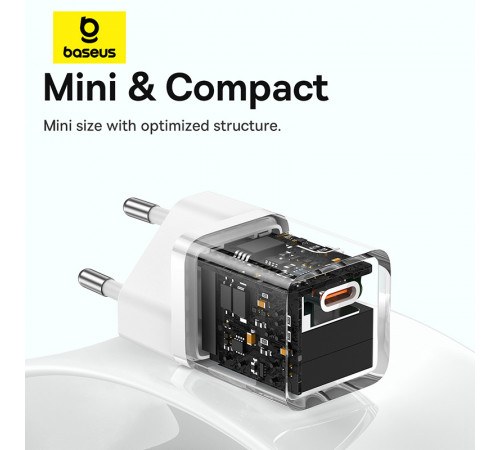 Мережевий зарядний пристрій з кабелем Baseus GaN5 Fast Charger(mini) 1C 30W EU Moon White(With: Fast Charging Data Cable Type-C) (P10110902213-00)