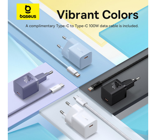 Мережевий зарядний пристрій з кабелем Baseus GaN5 Fast Charger(mini) 1C 30W EU Moon White(With: Fast Charging Data Cable Type-C) (P10110902213-00)